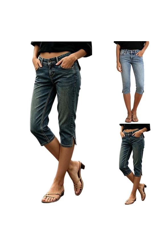 Women's High Waist Button Zip Fly Capri Jeans, Split Hem Straight Leg Solid Cropped Denim Culottes with Pockets Summer Casual Pants Blue S(S)