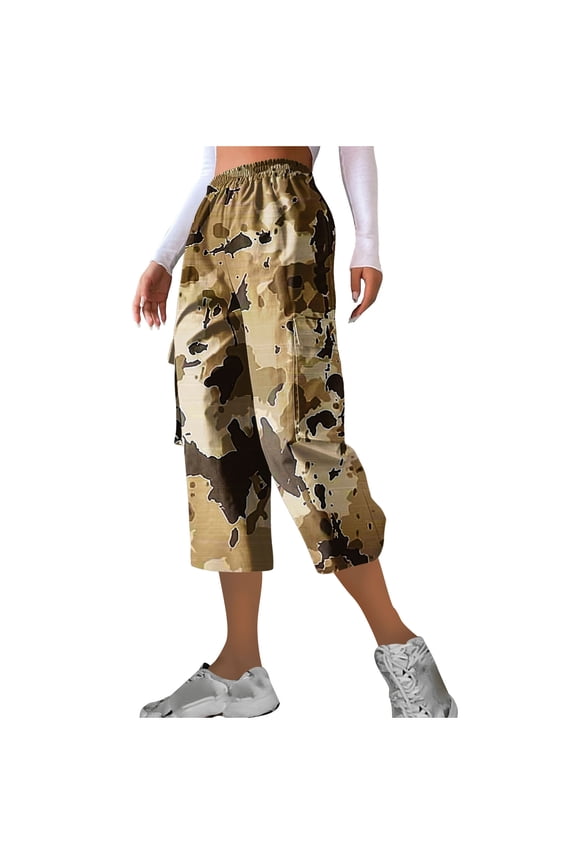 Women's High Waist Camo Cargo Pants ā Lightweight Quick Dry Multi-Pocket Hiking Trousers with Drawstring & Elastic Waist, Fashion Cropped Capris for Summer Travel