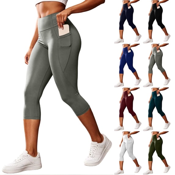 Women's High Waist Capri Pants,Stretch Workout Yoga Leggings with Side Pockets,Gray,Women's Capri L