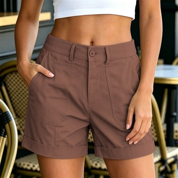 Women's High Waist Cargo Chino Shorts,Casual Summer Shorts with Pockets,Coffee,Women's Plus Size M