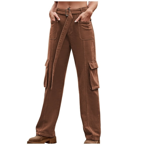 Women's High Waist Cargo Jeans Flap Pocket Straight Leg Denim Pants Baggy Cargo Pants Streetwear Trousers
