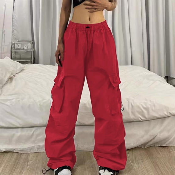 Women's High Waist Cargo Jogger Pants, Elastic Waist with Multiple Pockets, Drawstring Ankle Casual Sweatpants for Workout, Running, Yoga and Lounge-Red