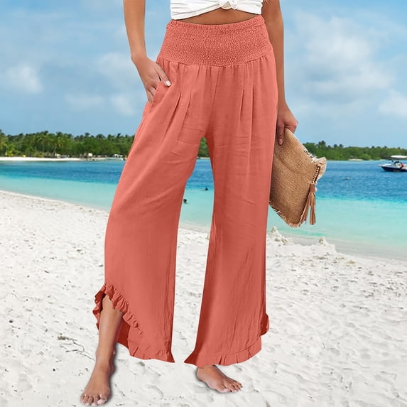 Women's High Waist Casual Linen Pants, Paper Bag Waist Wide Leg Trousers with Pockets, Loose Fit Cropped Irregular Hem Palazzo Pants for Spring and Summer Orange S