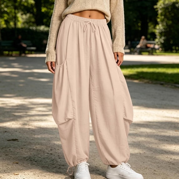 Women's High Waist Casual Loose Pants Drawstring Solid Side Pocket Trousers
