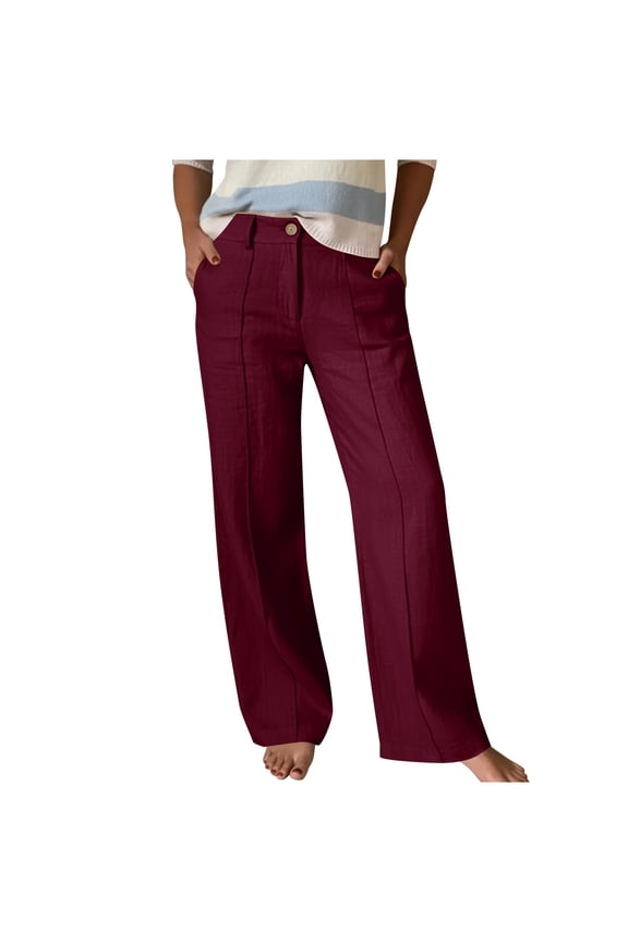 Women's High Waist Chino Pants - Flat Front Elastic Back Button Closure Straight Leg Long Pants Solid Color Loose Casual Breathable Trousers with Pockets, Red, L