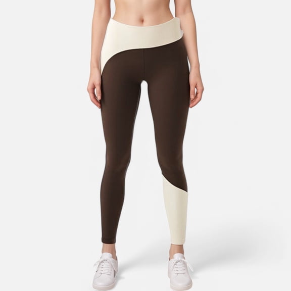 Women's High Waist Color Block Leggings with Contrast Panel Design - Small, Brown