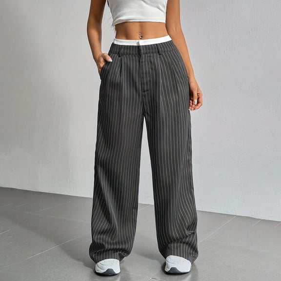 Women's High Waist Color Block Trousers, Striped Straight Leg Office Pants, Draped Wide Leg Trousers, Casual Business Pants, Comfortable Work Trousers, Versatile Dress Pants Grey