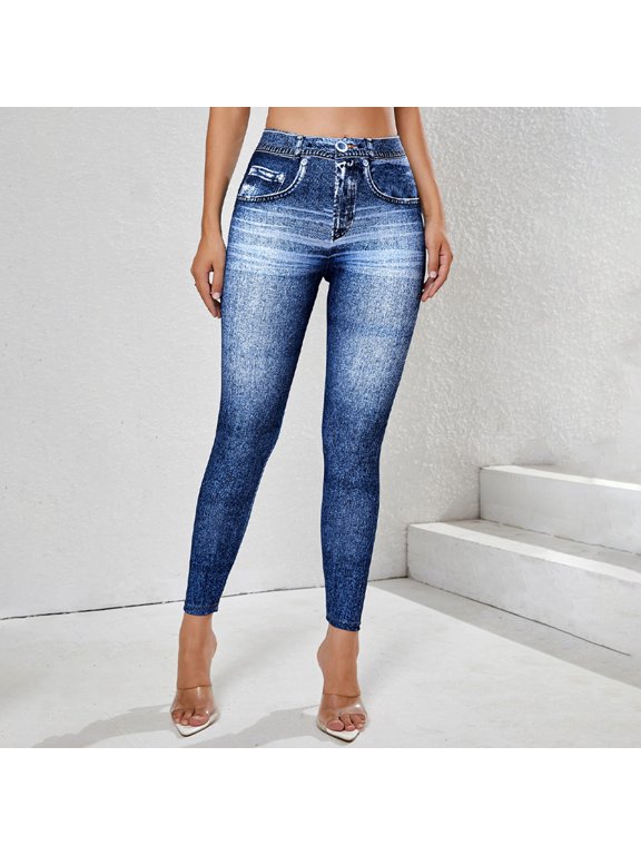 Women's High Waist Comfortable Denim Look Skinny Leggings, Stretchy Jeggings with Slim Fit Silhouette, for Daily Casual Wear, Travel or Light Exercise Activities Dark Blue L