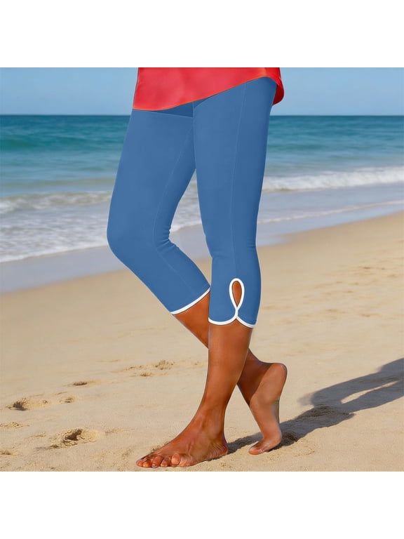Women's High Waist Compression Capri Yoga Pants, Side Vent Detail Workout Leggings with Pockets, Plus Size Knee-Length Capri Tights for Gym, Running and Casual Wear Navy M