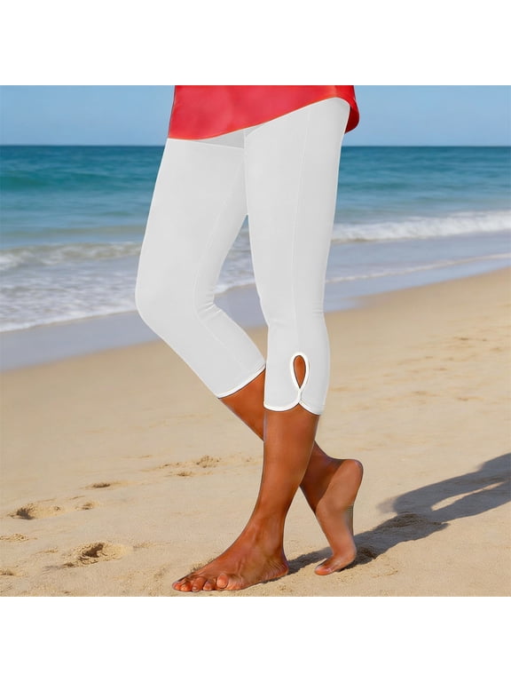 Women's High Waist Compression Capri Yoga Pants, Side Vent Detail Workout Leggings with Pockets, Plus Size Knee-Length Capri Tights for Gym, Running and Casual Wear White XXL