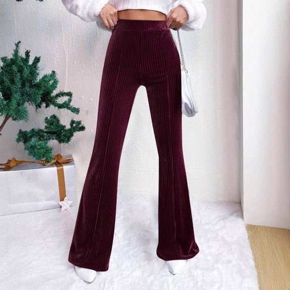 Women's High Waist Corduroy Flared Pants, Wide Leg Ribbed Velvet Trousers, Elastic Waist Bell Bottom Pants, Casual Lounge Pants, Retro Style Flare Leg, Comfortable Everyday Wear Wine