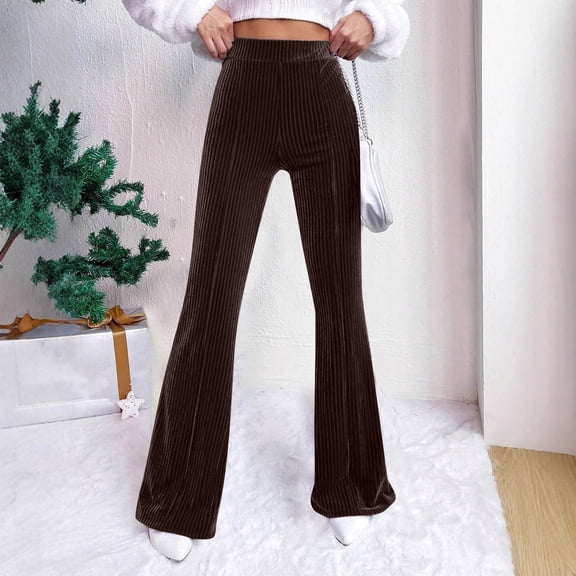 Women's High Waist Corduroy Flared Pants, Wide Leg Ribbed Velvet Trousers, Elastic Waist Bell Bottom Pants, Casual Lounge Pants, Retro Style Flare Leg, Comfortable Everyday Wear Coffee
