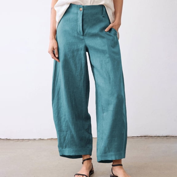 Women's High Waist Cotton Linen Pants with Button Closure and Side Pockets, Elastic Waist Wide Leg Casual Trousers for Spring Summer Comfort Wear Blue XXXL