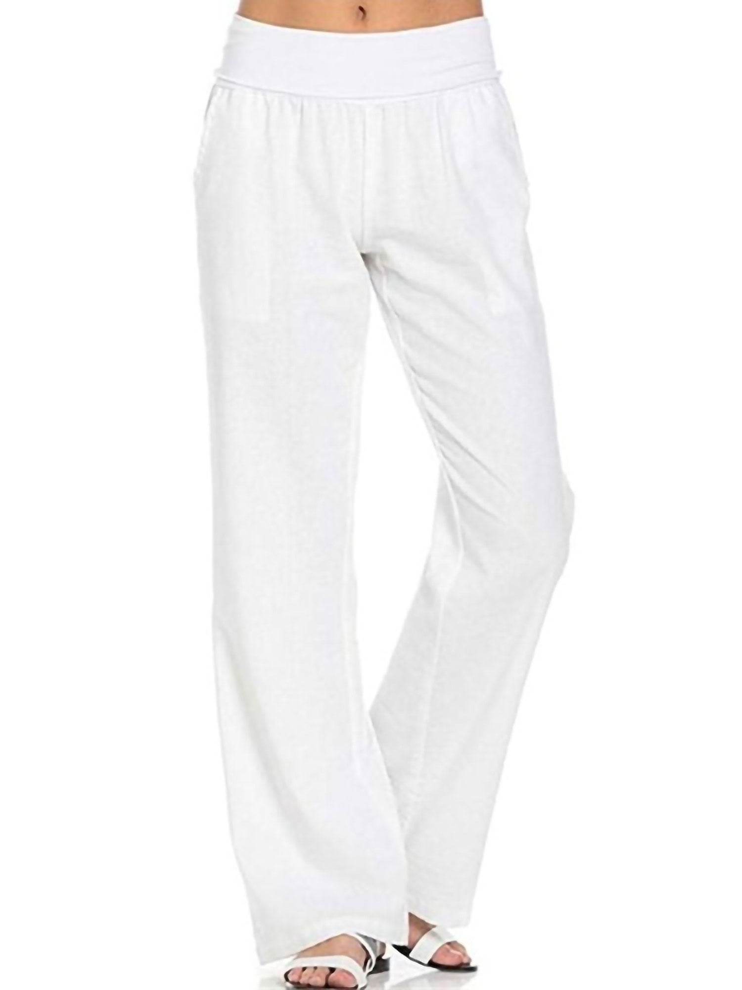 Women's High Waist Cotton Linen Pants with Elastic Waistband and