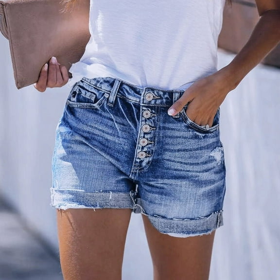 Women's High Waist Crimping Short Jeans Ripped Denim Shorts Casual Push Up Vintage Denim