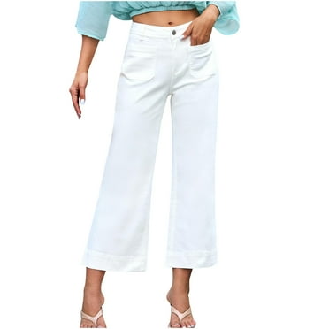 Women's High Waist Cropped Jeans Wide Leg Denim Pants with Pockets Loose Fit Bell Bottom Palazzo Pants 3/4 Length Trouser Flare Jeans White L