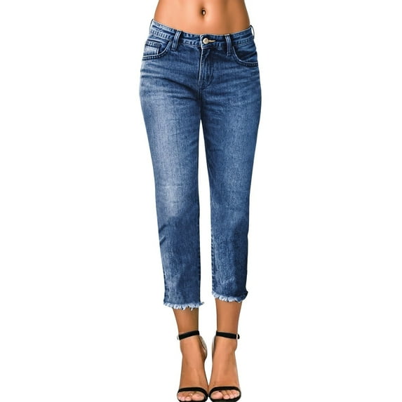 Women's High Waist Cropped Jeans with Raw Hem Stretch Denim Slim Fit Casual Pants for Everyday Wear