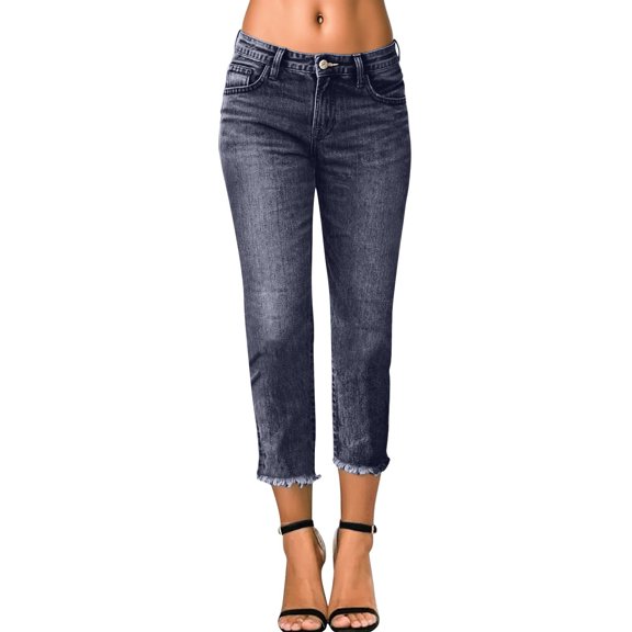 Women's High Waist Cropped Jeans with Raw Hem Stretch Denim Slim Fit Casual Pants for Everyday Wear
