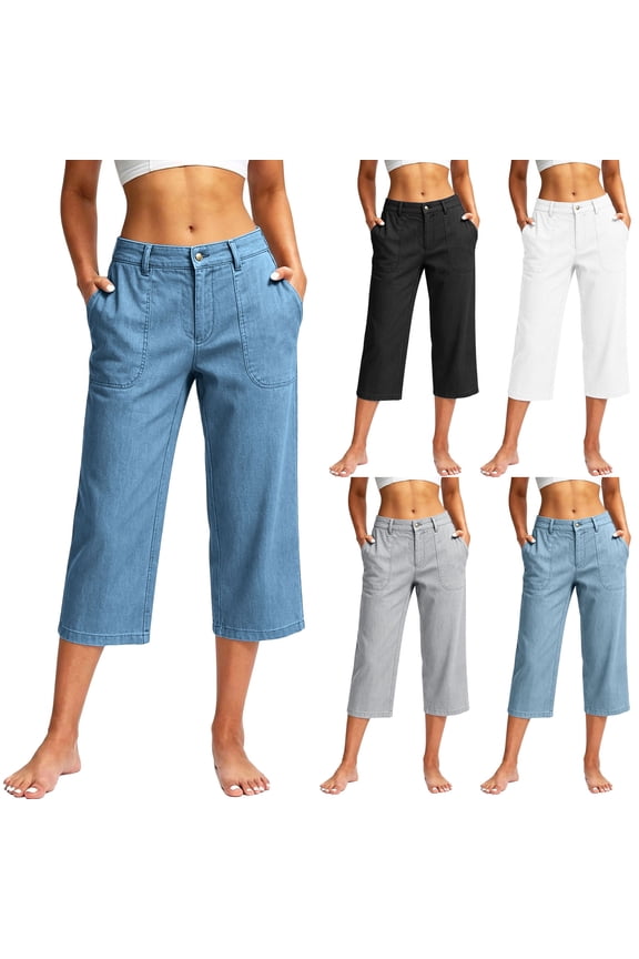 Women's High Waist Cropped Wide Leg Pants, Button Front with Pockets, Soft Rayon Blend Fabric, Tummy Control Flattering Fit for Summer, Versatile Casual Work & Travel Bottoms,