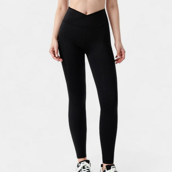 Women's High Waist Crossover Leggings with V-Waistband and Full-Length Stretch Fit for Active or Casual Wear - Small, Black