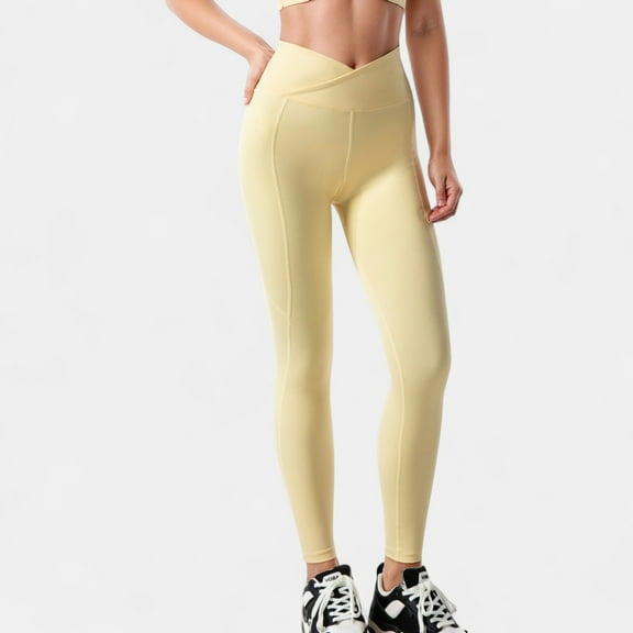 Women's High Waist Crossover Leggings with V-Waistband and Full-Length Stretch Fit for Active or Casual Wear - Small, Yellow