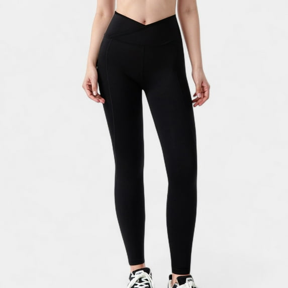 Women's High Waist Crossover Leggings with V-Waistband and Full-Length Stretch Fit for Active or Casual Wear - X Large, Black