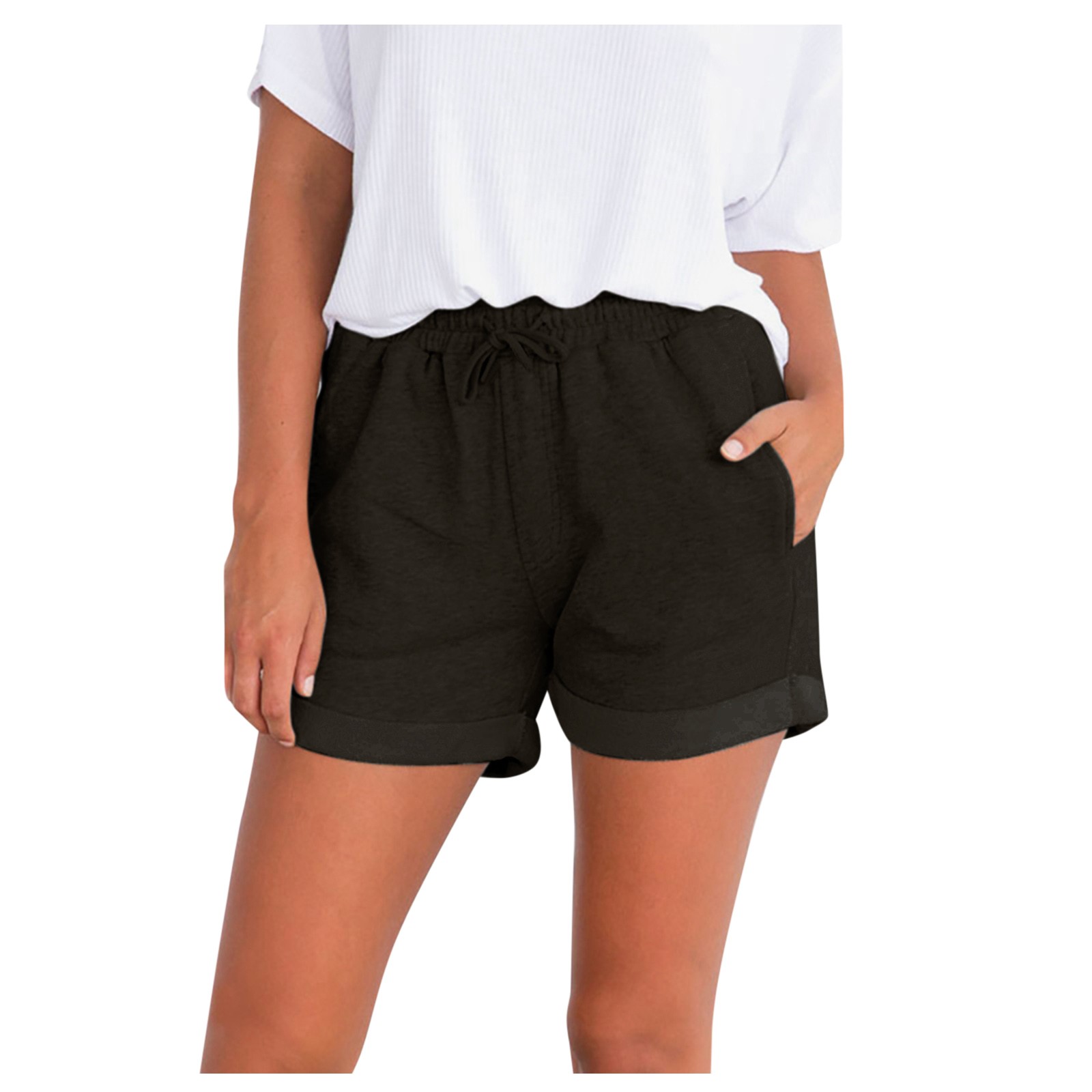 Women's High Waist Curled Side Sports Fitness Solid Color Casual Shorts