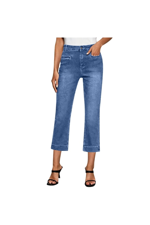 Women's High Waist Denim Capri Pants Stretchy Flare Cropped Jeans Cuffed Hem Casual Summer Work Office Pants with Pockets Blue 2XL