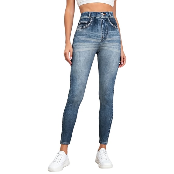 Women's High Waist Denim Look Jeggings, Stretchy Faux Jeans Leggings with Tummy Control, Skinny Fit Pull On Pants for Yoga Gym Workout Daily Wear Light Blue XXL