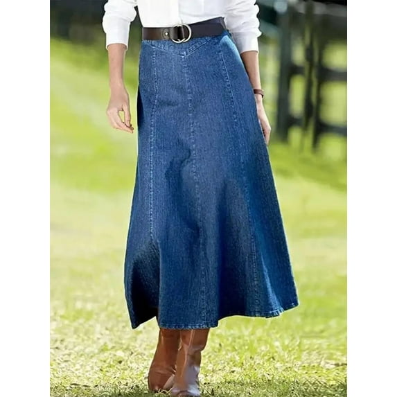 Women's High Waist Denim Maxi Skirt, A-Line Fit, Classic Blue, Ankle Length (US, Alpha, Small, Regular, Regular, Blue)