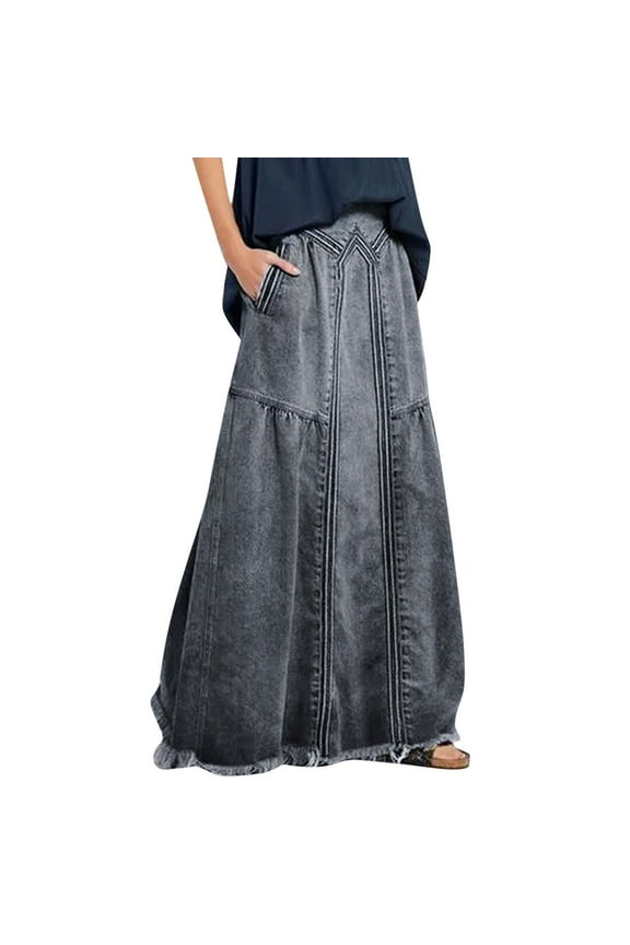 Women's High Waist Denim Maxi Skirt - Slim Fit A-Line, Knee Length, Slit Pockets, Buttons Zipper - 60% Cotton 40% Polyester - All Seasons
