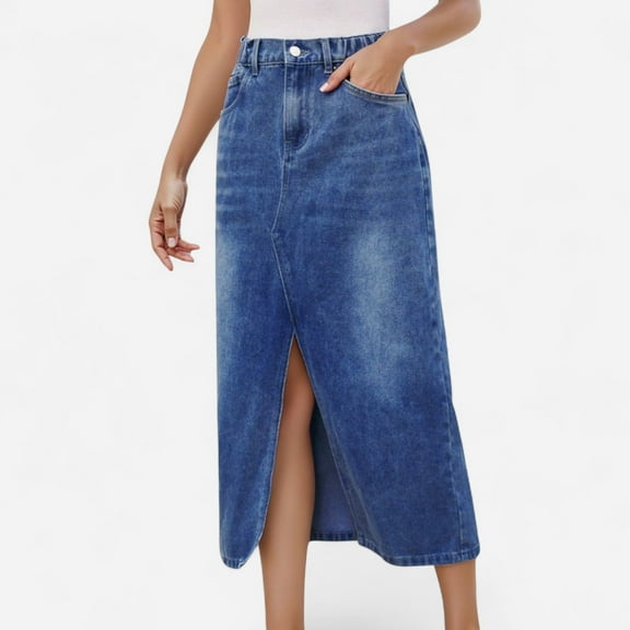 Women's High Waist Denim Midi Skirt with Front Slit Detail and Faded Wash Finish - Small, Blue