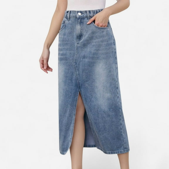 Women's High Waist Denim Midi Skirt with Front Slit Detail and Faded Wash Finish - Small, Light Blue