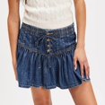 thumbnail image 1 of Women’s High Waist Denim Mini Skirt, Drawstring Elastic Waist Ruffle Hem Casual Skirt, 1 of 5