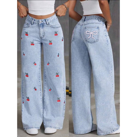 Women's High Waist Denim Pants Bow Wide Leg Baggy Y2K Jeans Trousers with Pocket