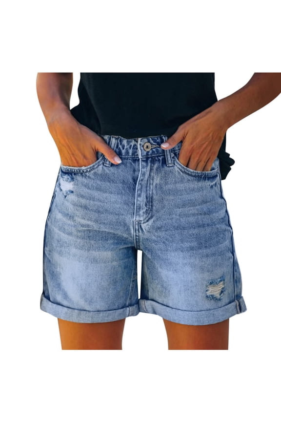 Women's High Waist Denim Shorts Bermuda Shorts for Women Straight Leg Jean Shorts Summer Hot Pants with Pockets, Blue L