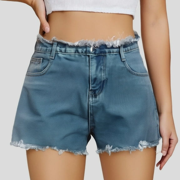 Women's High Waist Denim Shorts Casual Summer Stretch Hem Distressed Jean Shorts with Pockets Comfortable Stylish