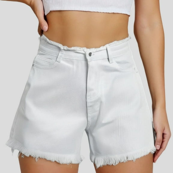 Women's High Waist Denim Shorts Casual Summer Stretch Hem Distressed Jean Shorts with Pockets Comfortable Stylish