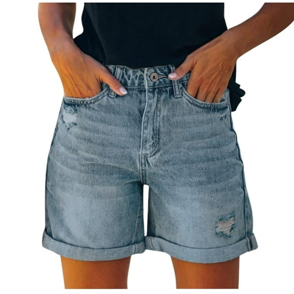 Women's High Waist Denim Shorts - Summer Casual Distressed Folded Hem Stretch Jeans Shorts for Juniors ,Blue,2XL