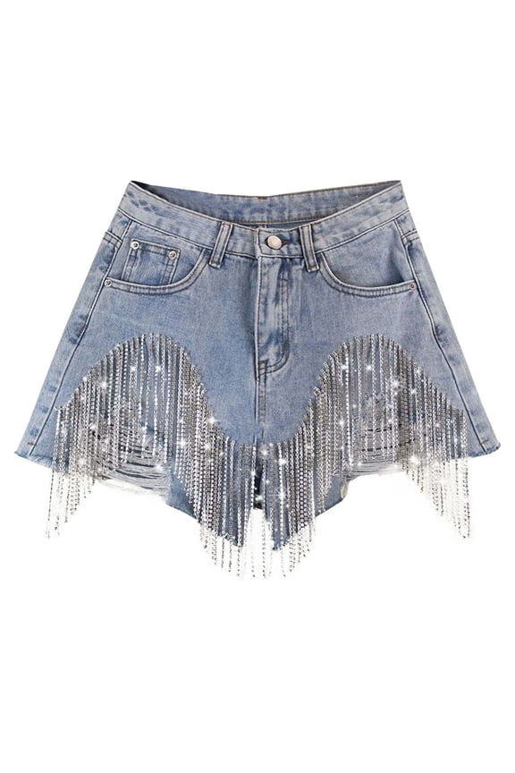 Women's High Waist Diamond Tassel Chain A Line Wide Leg Hot Pants, Denim Fabric, Elastic Waist, All Seasons