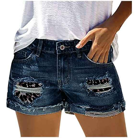 Women's High Waist Distressed Denim Shorts Leopard Patchwork Fold Hem Hot Pants with Pockets Winter Casual Loose Short Jeans