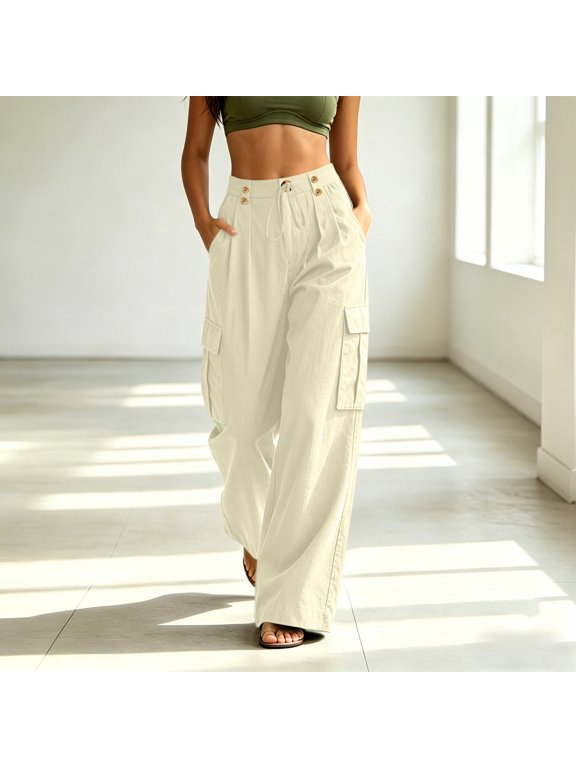 Women's High Waist Double Button Cargo Wide Leg Pants Pleated Front Relaxed Fit Pants for Women Beige S