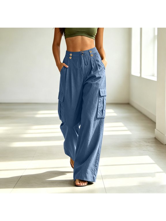 Women's High Waist Double Button Cargo Wide Leg Pants Pleated Front Relaxed Fit Pants for Women Blue 2XL