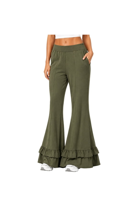 Women's High Waist Double Tier Ruffle Hem Flare Pants, Soft Bell Bottom Trousers with Pockets, Stretchy Casual Wide Leg Lounge Pants for Daily Wear Blackish Green S
