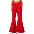thumbnail image 1 of Women's High Waist Double Tier Ruffle Hem Flare Pants, Soft Bell Bottom Trousers with Pockets, Stretchy Casual Wide Leg Lounge Pants for Daily Wear Red S, 1 of 4