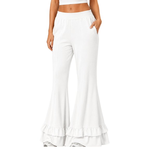 Women's High Waist Double Tier Ruffle Hem Flare Pants, Soft Bell Bottom Trousers with Pockets, Stretchy Casual Wide Leg Lounge Pants for Daily Wear White XL