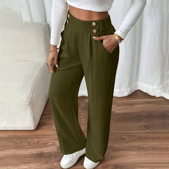 Women's High Waist Draped Floor Length Pants, Elastic Waist Straight Leg Trousers, Flowy Wide Leg Office Pants, Casual Dressy Pants, Solid Color Lounge Pants, Comfortable Work Pants Army Green