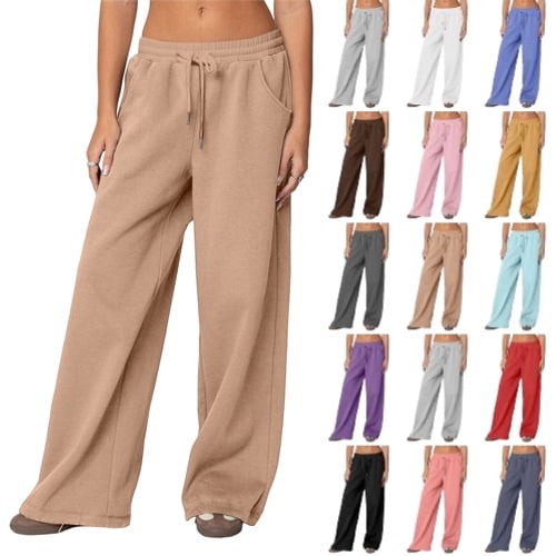 Women's High Waist Drawstring Baggy Wide Leg Fleece Sweatpants Tall Athletic Lounge Joggers with Pockets, Khaki M
