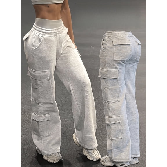 Women's High Waist Drawstring Cargo Sweatpants, Multi Pocket Wide Leg Straight Trousers, Loose Casual Streetwear Full Length Bottoms for Daily Walking Workout Lounging and Street Outfits