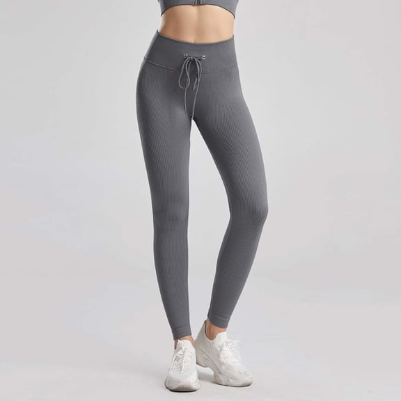 Women's High Waist Drawstring Leggings Seamless Ribbed Yoga Pants for Loungewear Casual Gym Fitness Wear Gray S